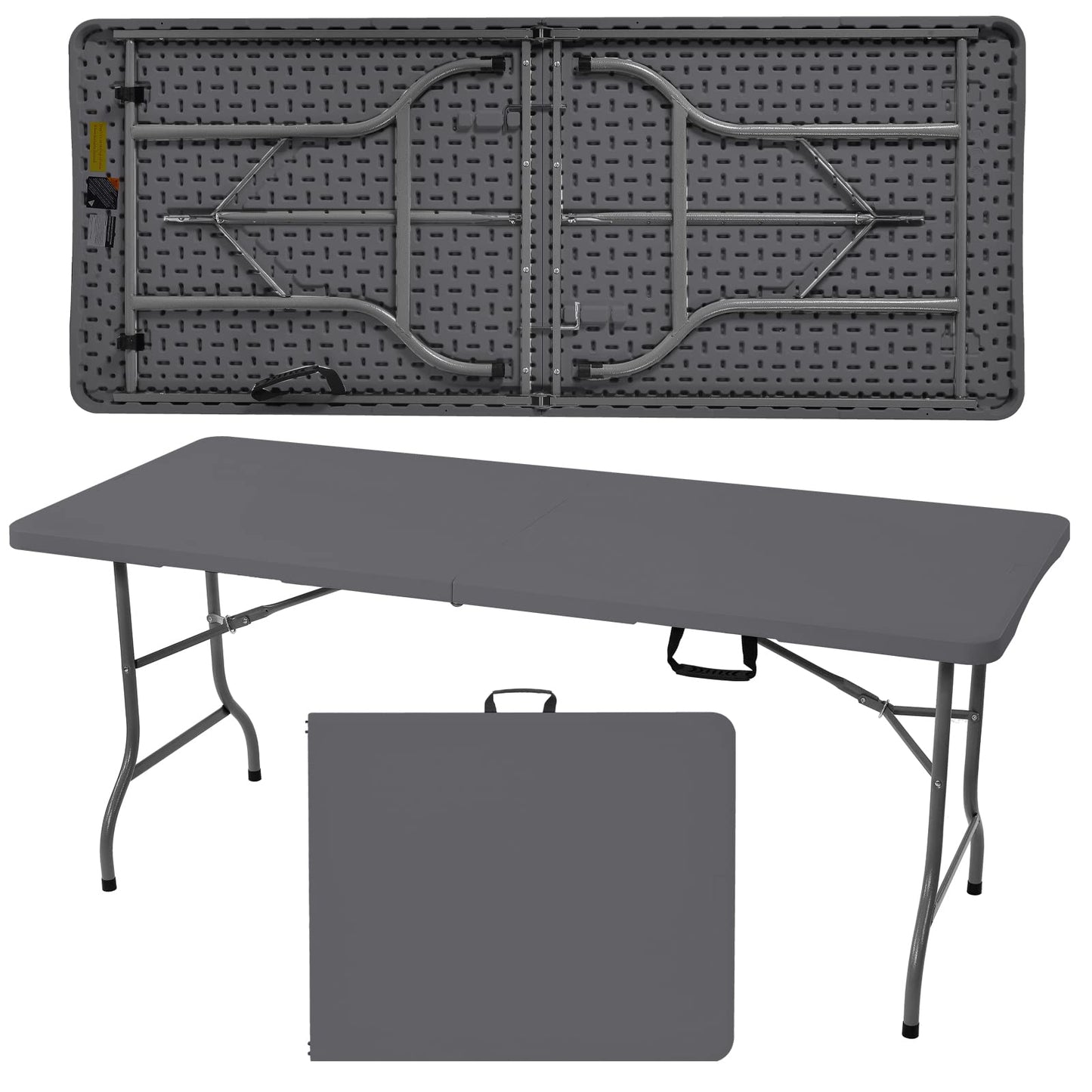 Rainberg 6ft Heavy Duty Folding Table, Tabletop & Sturdy Metal Frame, Foldable Table with Handle, Waterproof, Portable, & Easy Assembly, Ideal for Parties, BBQ, Camping, Beach, Indoor & Outdoor Use