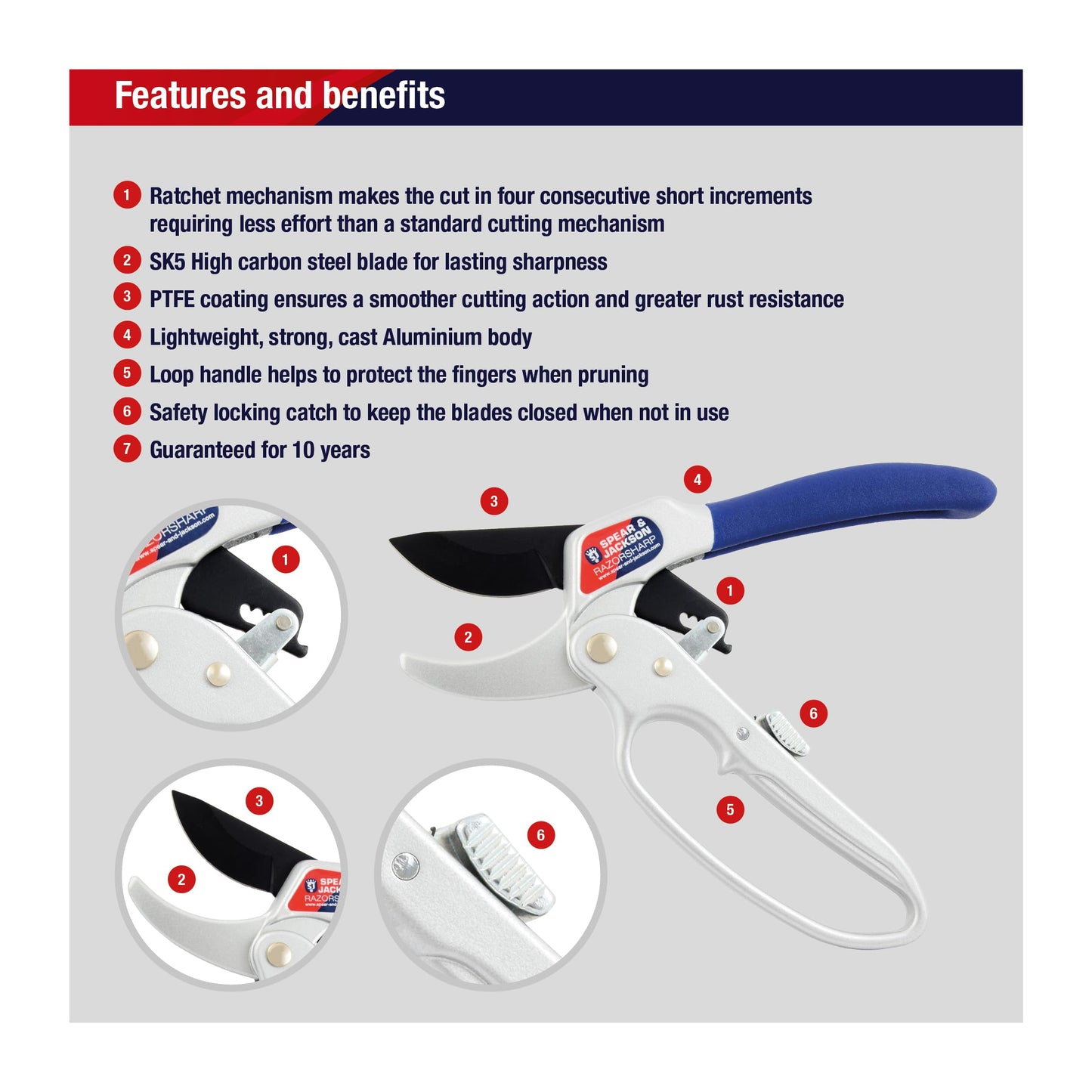 Spear & Jackson 6358RS Razorsharp Ratchet Anvil Secateurs, Silver