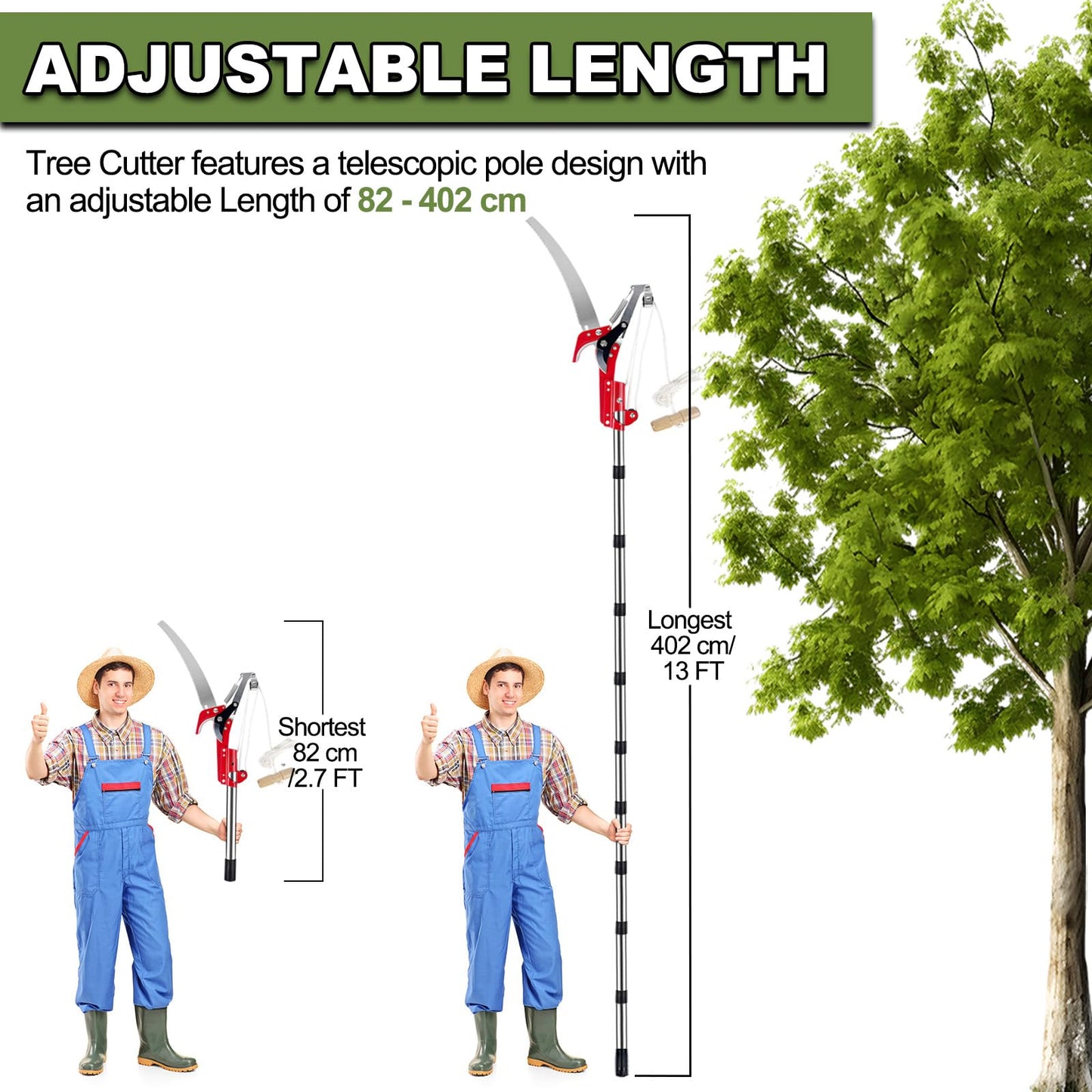 Tree Loppers Long Reach Telescopic, 82-402cm Long Reach Pruner with Extendable Handle & 33cm Saw, Lightweight Telescopic Tree Pruner Branch Cutters, Pulley Pole Pruner Hand Garden Loppers