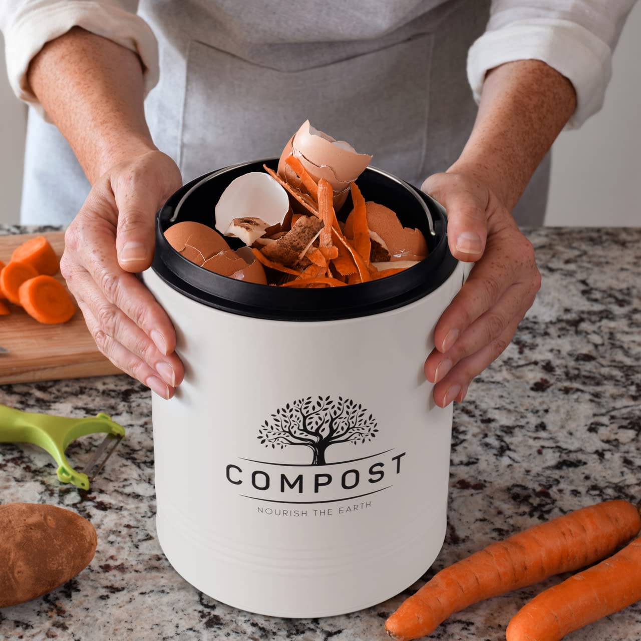 Perfnique Kitchen Compost Bin, 5 Liter/1.3 Gallon Countertop Compost Bin with Lid, Indoor Compost Bucket Includes Inner Bucket Liner and Carbon Filter, Small Compost Bin