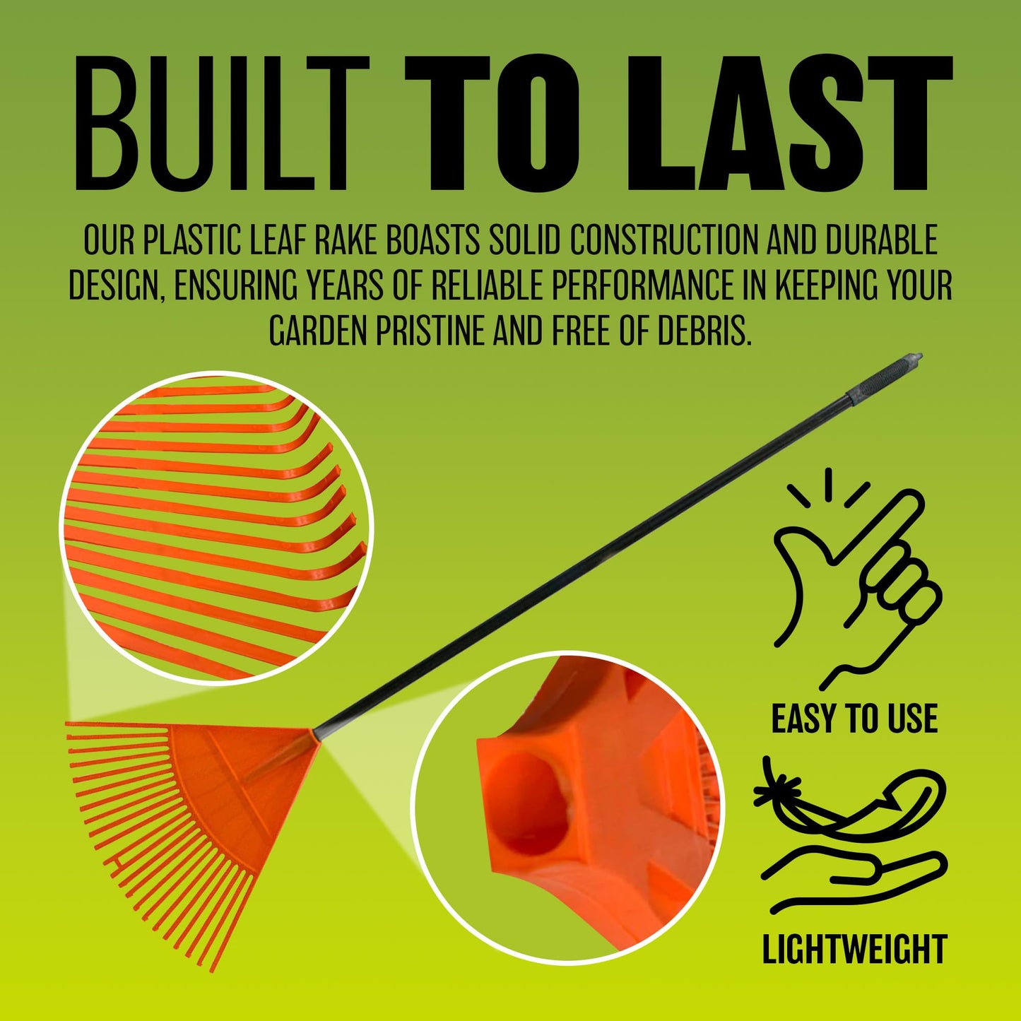 12 Tooth Garden Leaf Rake - Handheld, Plastic Head Gardening Tool | Wide, Lightweight & Sturdy To Quickly Clean The Lawn | Ideal For Autumn & Winter Seasons | Strong Quality & Long Lasting