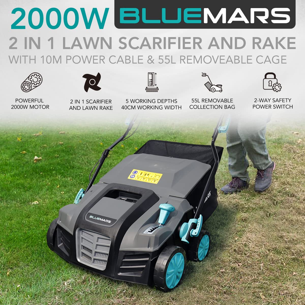 Bluemars Lawn Scarifier and Aerator,2000W Electric Lawn Rake with 40cm Working Width,5 Positions,55L Grass Box, Folding Handle,10M Power Cord