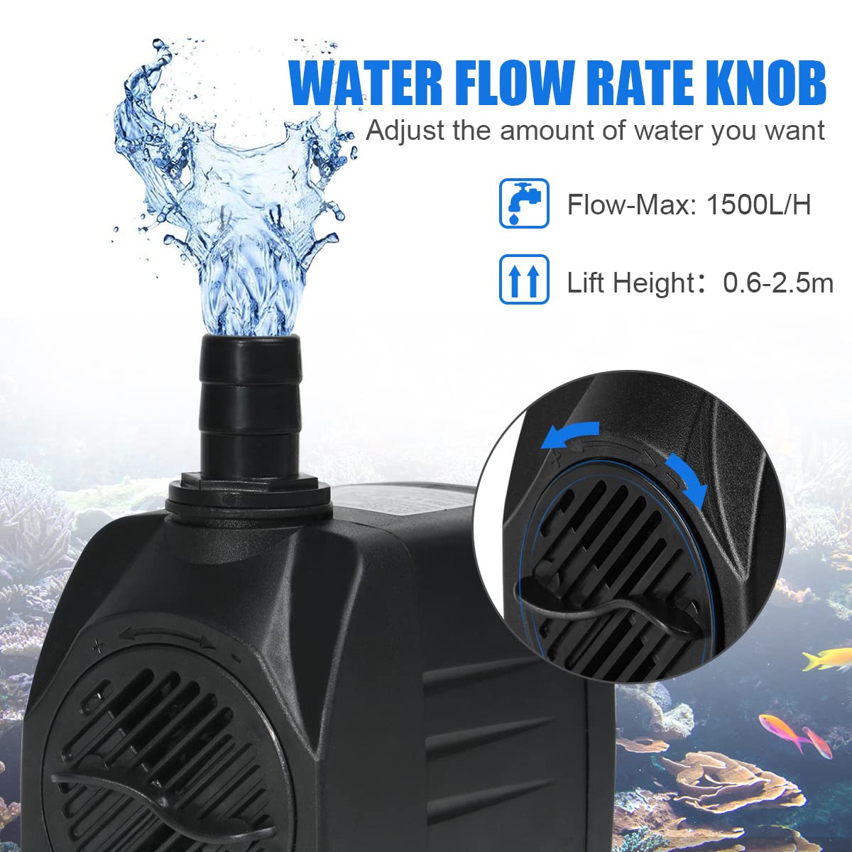 Flintronic Submersible Water Pump(25W 1500L/H), Ultra-Quiet Water Pump, 400Gph 2.2m/7.2ft High Lift Fountain Pump for Aquarium,Fish Tank,Statuary,Hydroponics,4 Suction Cup,1.4m Power Cord & 3 Nozzles