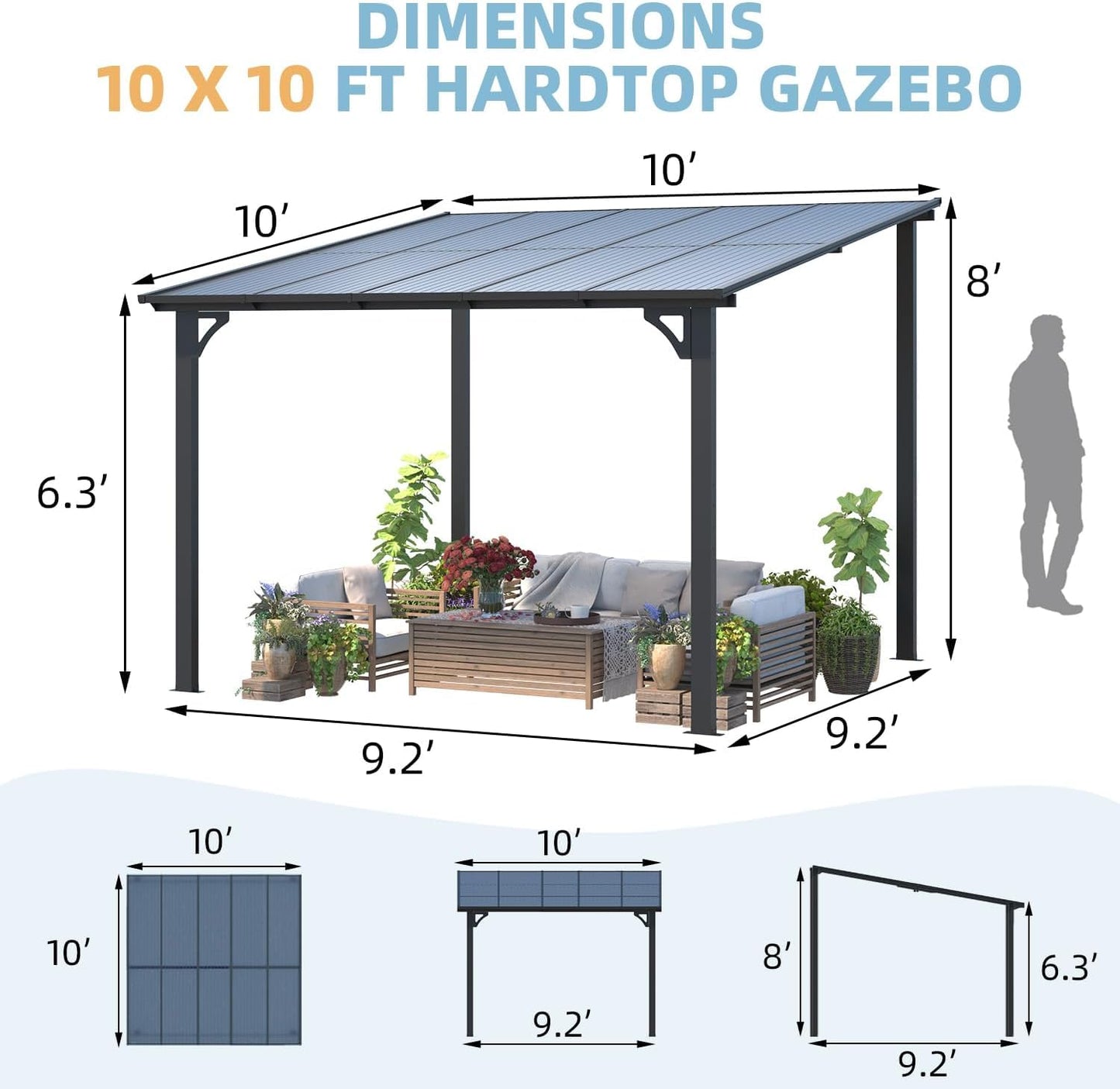 U-MAX 3m x 3m Aluminium Gazebo,Wall-Mounted Awning Gazebo，Lean to Pergola,Hardtop Roof Heavy Duty Metal Pergola for Outdoor Garden
