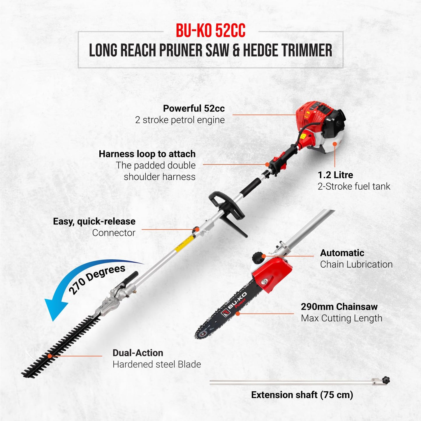 BU-KO 52cc Long Reach Petrol Hedge Trimmer and Pruner Saw with 3x 75cm Extension Pole and Toolbag for Convenient Storage, Ultimate Garden Tool for Precision Cutting, Trim Hedges and Prune with Ease