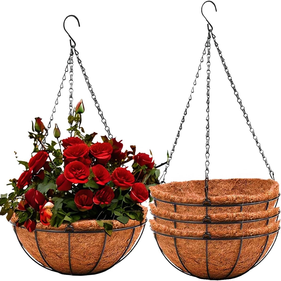 LATERN 4Pcs Metal Hanging Basket with Coco Liner, 20CM Round Metal Hanging Flower Pots Coconut Coir Liner Planter with 40cm Black Chain for Garden Porch Balcony Patio Plant Flower Decoration