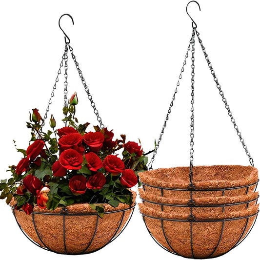 LATERN 4Pcs Metal Hanging Basket with Coco Liner, 20CM Round Metal Hanging Flower Pots Coconut Coir Liner Planter with 40cm Black Chain for Garden Porch Balcony Patio Plant Flower Decoration