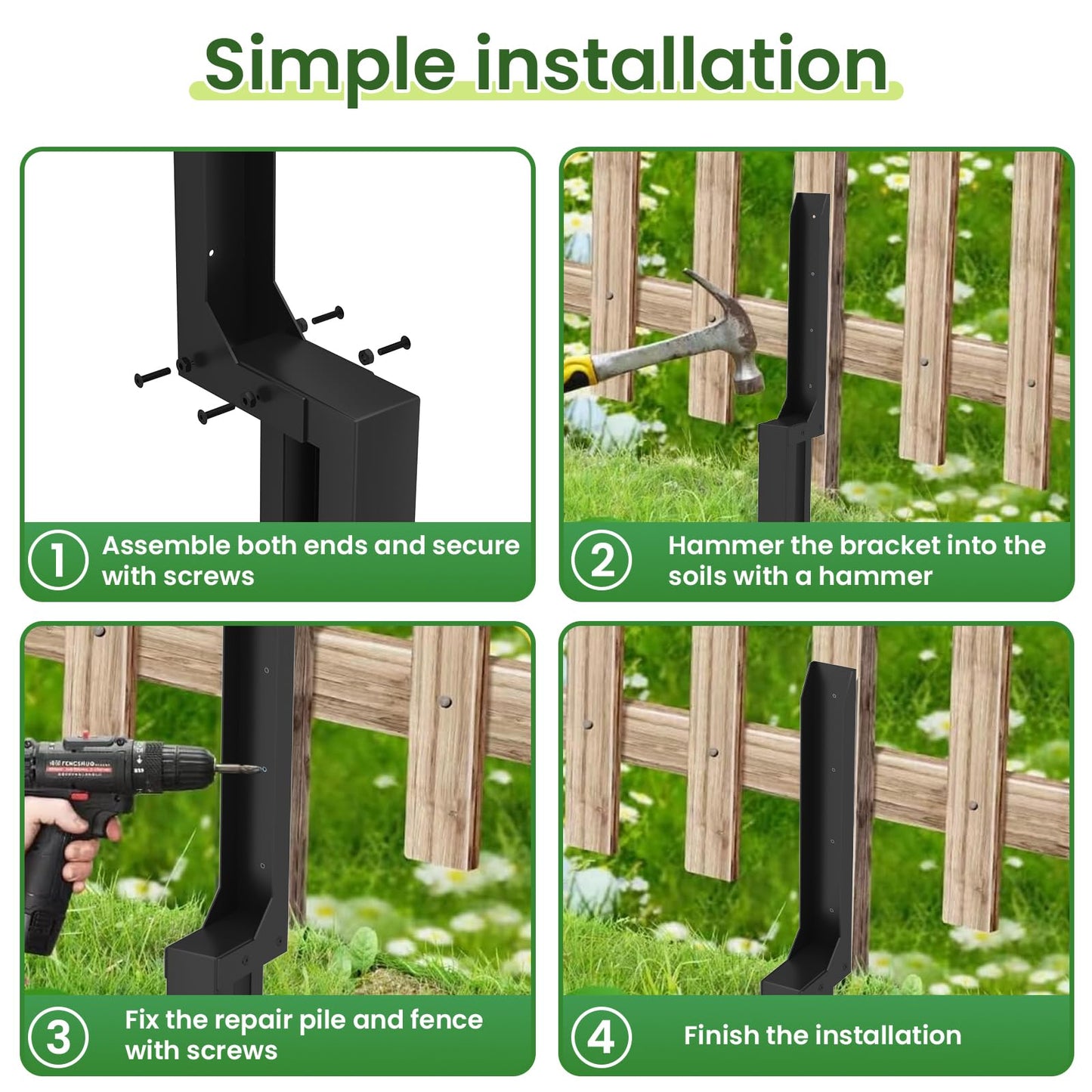 OZMSHF Thickened Fence Post Repair Kit，Upgraded Metal Fence Post Stakes with Reinforcement Column，Assembleable Steel Fence Post Spikes, Post buddy For Fix Broken Wooden Post Support (2 Pack/Black)