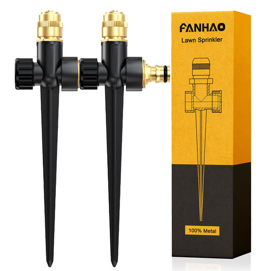 FANHAO Metal Lawn Sprinkler for Yard, 2 Pack Automatic Garden Water Sprinkler on Spike Base, Adjustable Brass Sprinkler Nozzle 360 Degree Large Area Coverage for Lawn Grass Patio Garden Irrigation