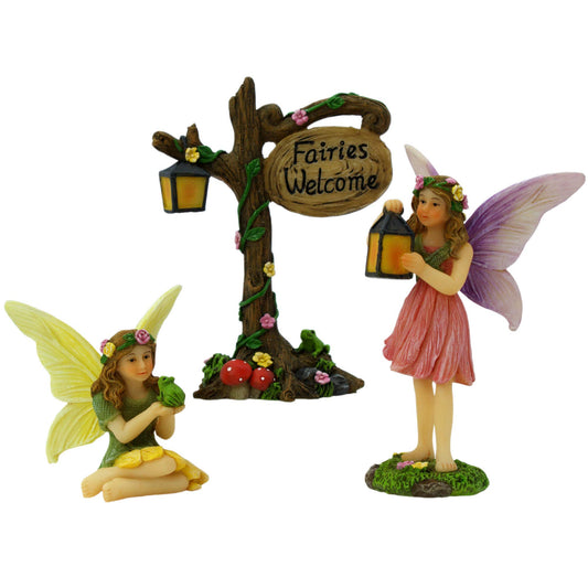PRETMANNS Fairies for Fairy Garden - Fairy Garden Accessories - Fairy Garden Ornaments for Outdoor Miniature Fairy Garden - 2 Cute Fairy Figures for Fairy Garden & Fairy Sign - 3 Piece Fairy Set
