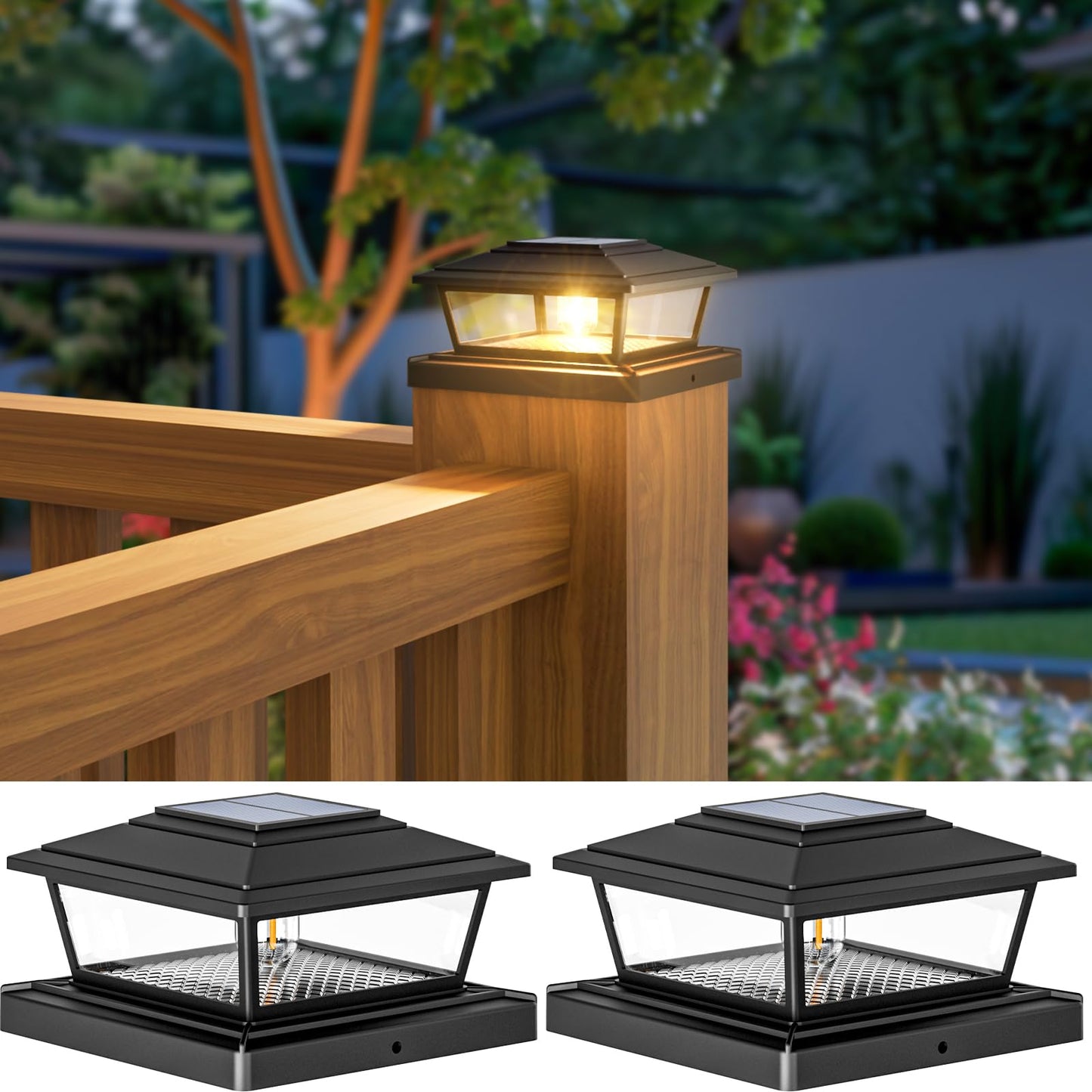 btfarm 2 Pack Solar Post Lights Outdoor Garden, 2 Modes Solar Fence Post Cap Lamp Waterproof, Square Post Lights Solar Powered Fits 4x4 5x5 6x6 Wooden Vinyl Patio Deck Stair Yard Decor, Warm White