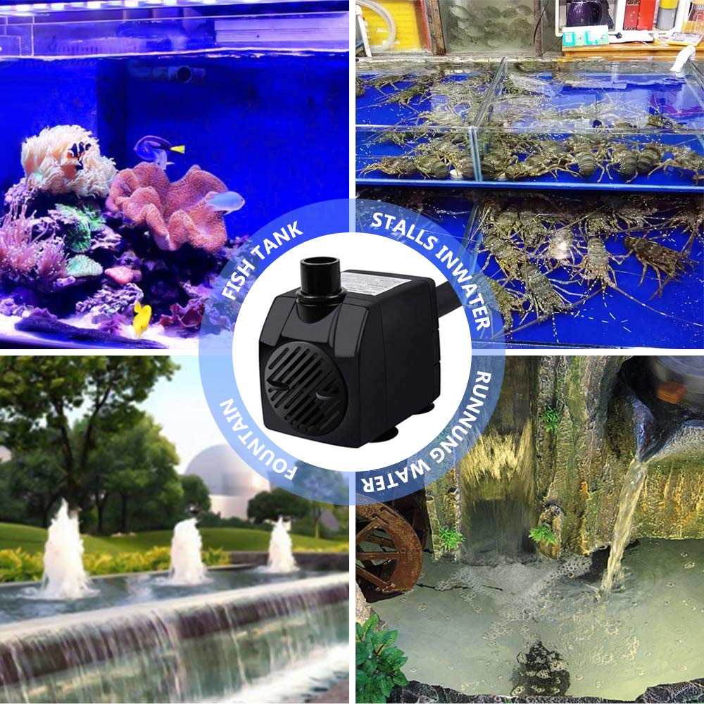 BARST - 350L/H Submersible Pump - Ultra Quiet Water Pump (7W) with 4 Strong Suction Cups and 3 Nozzles - for Aquariums, Ponds, Hydroponics, Water Fountains