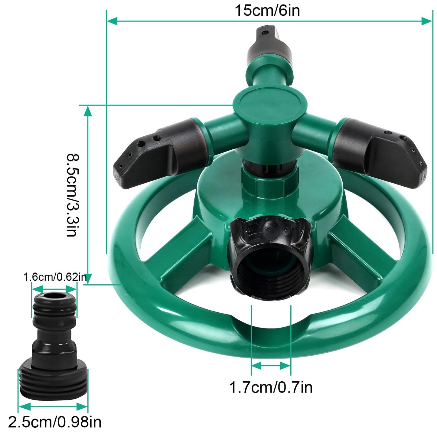 ENJSD Garden Sprinkler, Automatic Lawn Sprinkler, 360 Degree Rotating Durable 3 Arms Adjustable Water Sprinkler Gardening Irrigation System Covering Large Area for Watering Lawn Plants Flowers Veggies