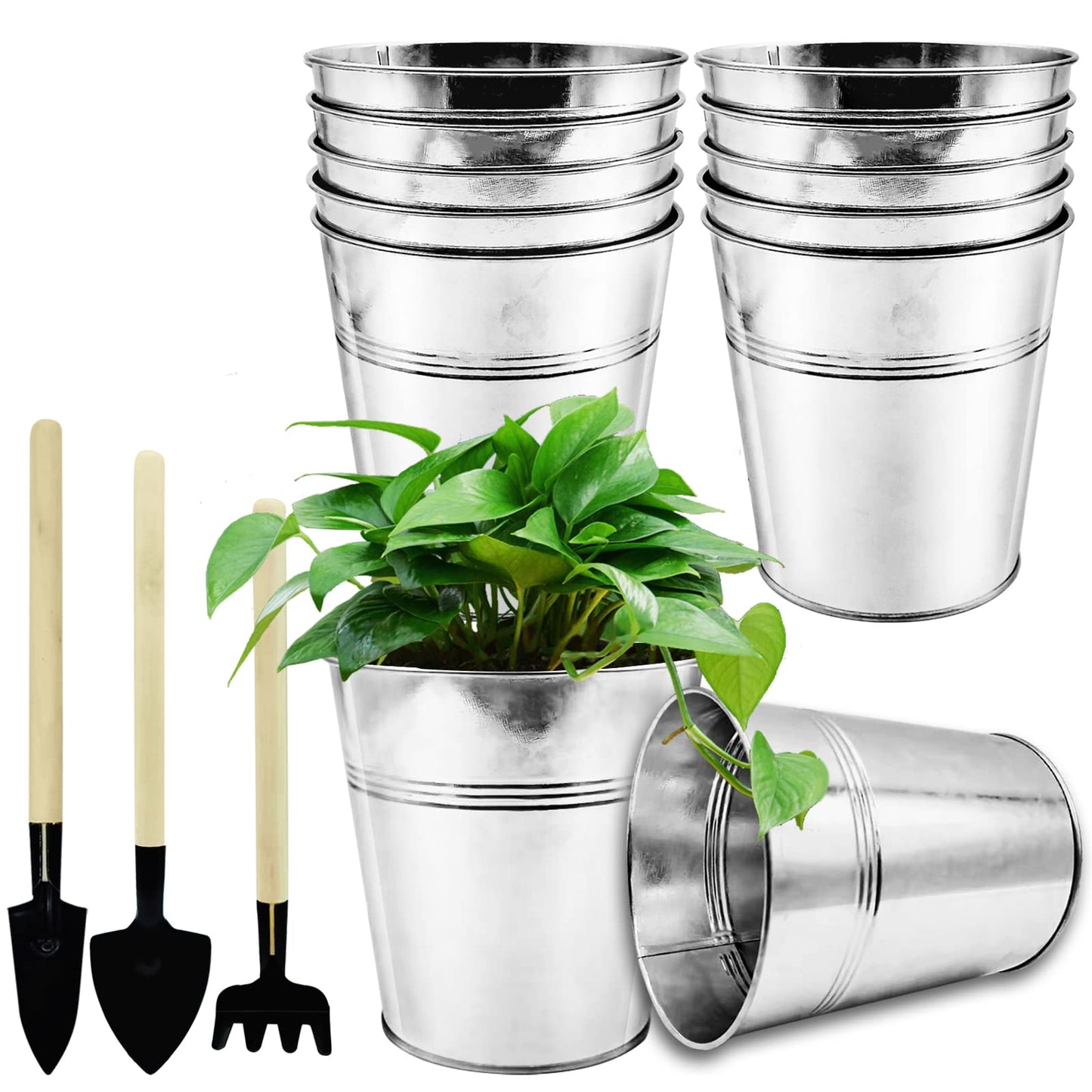 WAIZHIUA 12Pack Metal Plant Pots with Mini Tools, 12cm Depth Herb Pots, Galvanised Iron Garden Planters for Plants Herb Flowers Shrubs Indoor Outdoor DIY Use