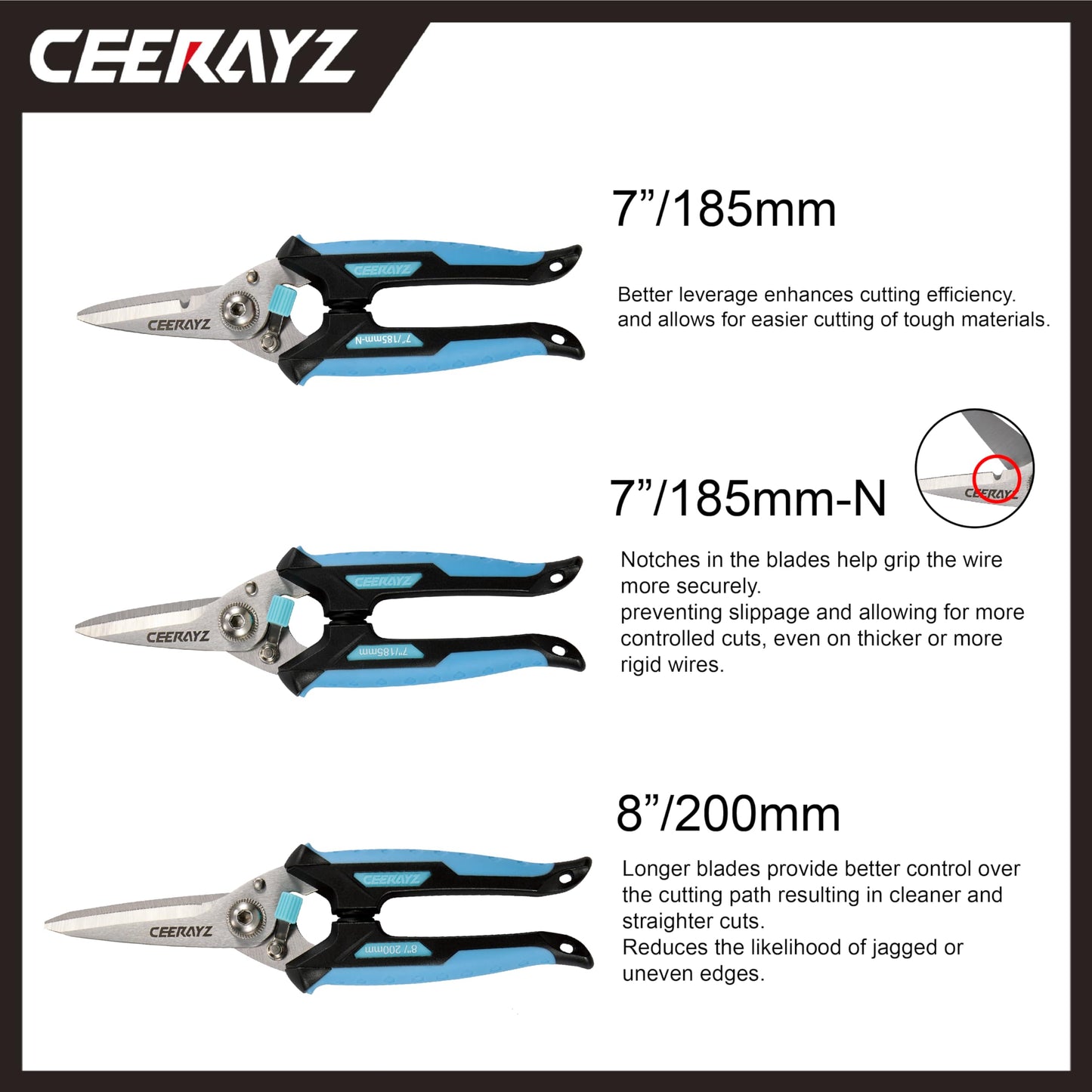CEERAYZ 185mm Notch Scissors All Purpose Heavy Duty, Garden Shears, Scissors for DIY Projects, Office, Production Lines, Pruning, with Protective Sheath (Black/Blue)