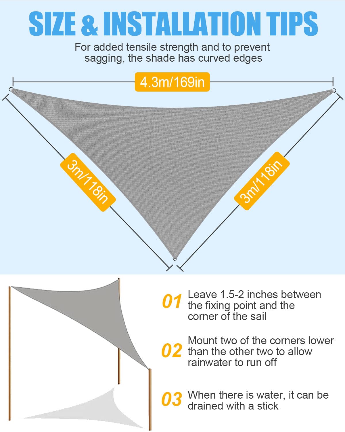 Triangle Sun Shade Sail Waterproof, 3x3x4.3m Garden Sail, PES Awning Canopy 98% UV Block With Rope, Outdoor Patio Party Awning with Install Accessories, Weather Resistant Durable Garden Shade Sail