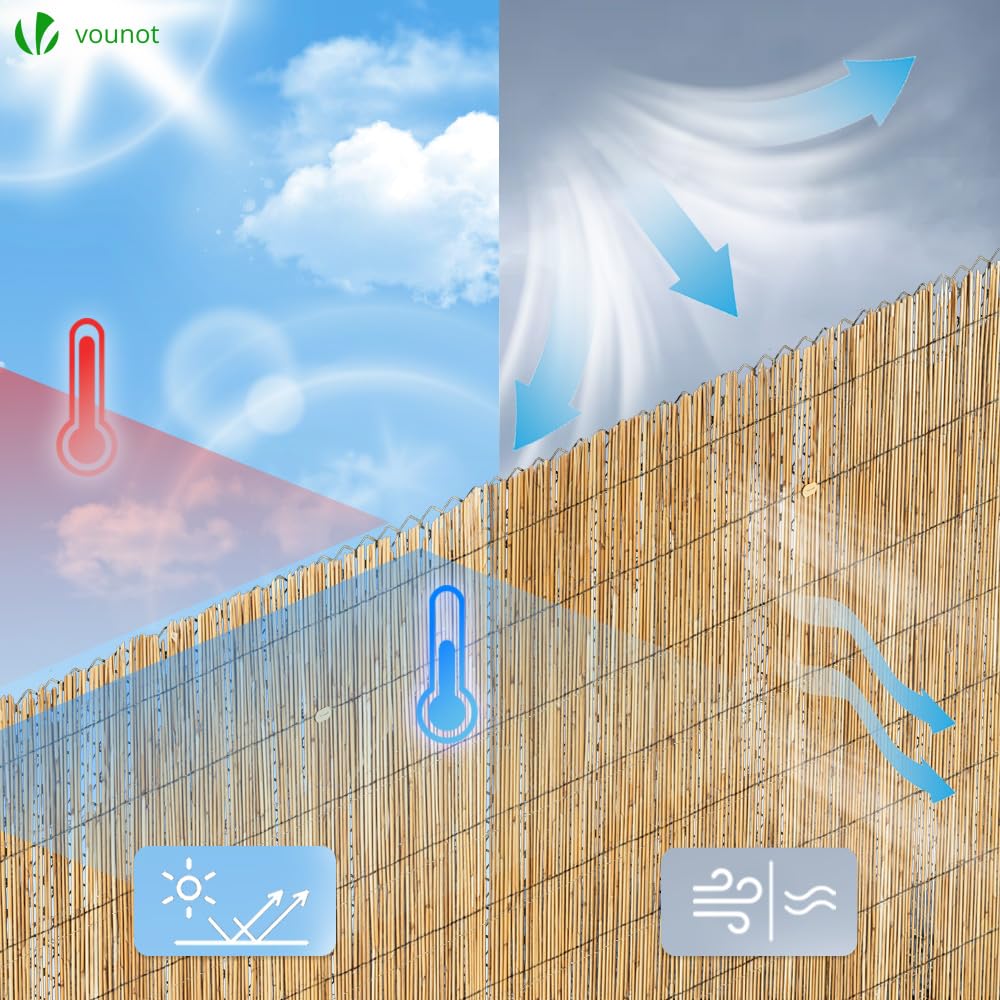 VOUNOT Natural Peeled Reed Fence 90x300cm Privacy Screen Roll with Fixing Clips Garden Panel Fence for Outdoor Garden Patio Balcony Wind/Sun Protection