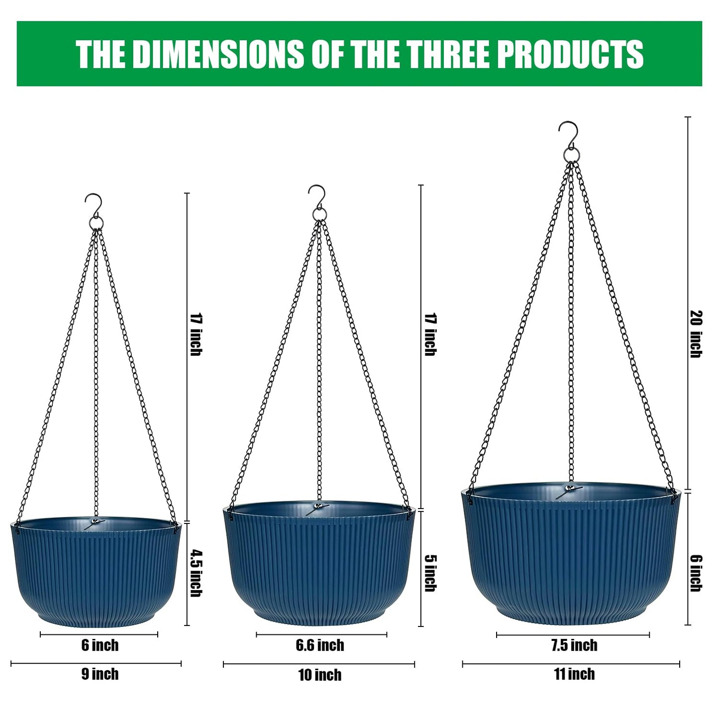 RooTrimmer Hanging Planters for Indoor Plants 9/10/11 Inch, 3 Pack Plant Hanger Outdoor with Drainage Holes, Self Watering Hanging Basket Flower Pot for Garden Home Decor, Dark Blue