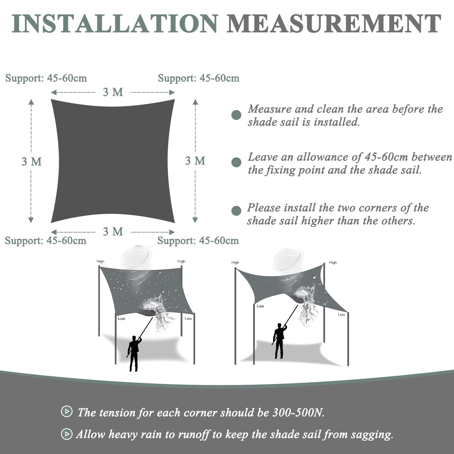 Teynewer Sun Shade Sail Square 3x3m Waterproof Shade Sail for Outdoor Garden Patio Party 98% UV Block Sunscreen Awning Canopy Sunsail with Free Rope, Light Grey