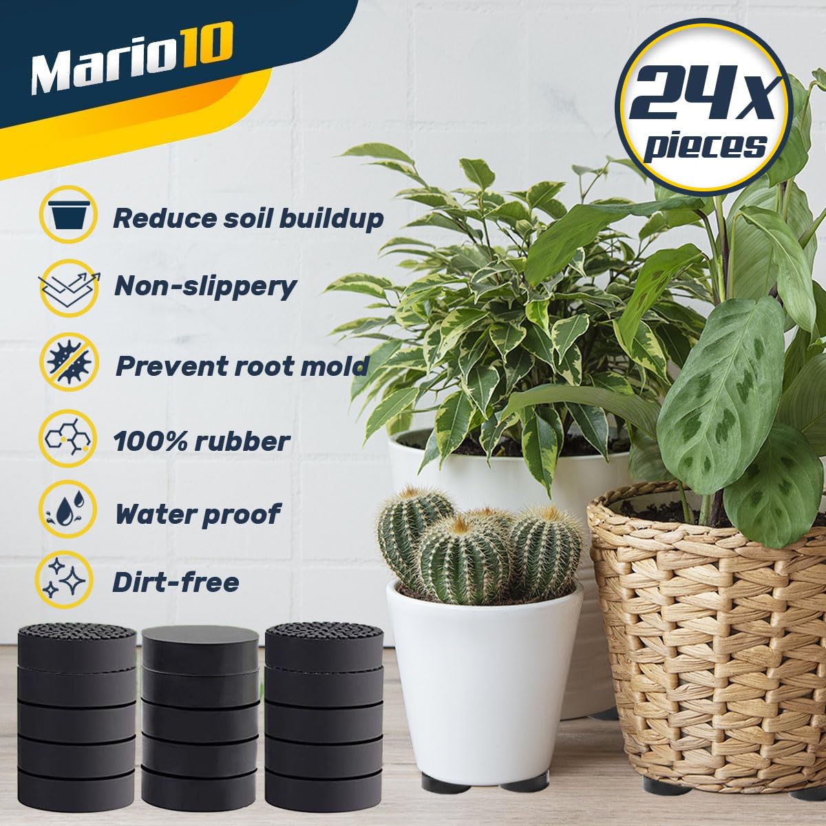 Mario10 PACK OF 24 Invisible Pot feet for outdoor and indoor plant pots and flowers, solid rubber pot feet with enhanced non-slip surface grip, PACK OF 24.