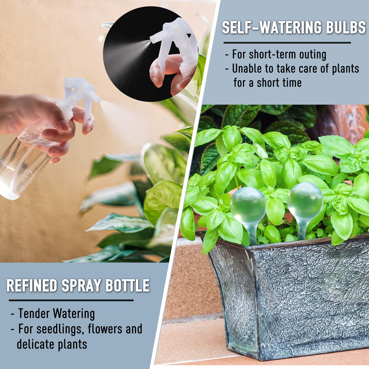 Jardineer Plant Watering Can Indoor - Watering Pot Long Spout with Spray Bottle and Automatic Watering Globes for Watering Indoor Outdoor Plants Flowers (1L Grey)