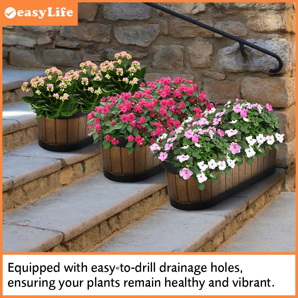 Easylife Oval Barrel Planters (Set of 3). Trough Planters (H16.5 x W46 x D14cm). Weather-Resistant Wooden Barrel Planters for Outdoors. Durable Half Barrel Planters for Outdoors - Fully Guaranteed