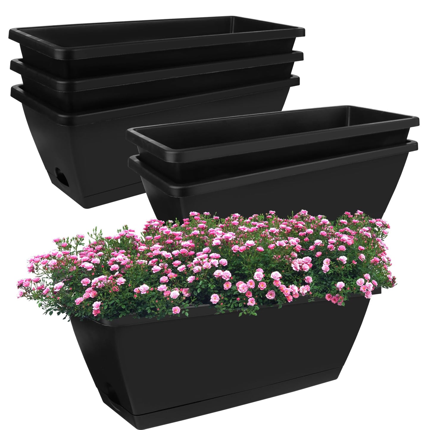 8Pcs Rectangle Plant Pot Rectangle Window Box Planter 17 Inch Black Herb Planters with Tray Herb Pots for Indoor Plants Large Flower Boxes for Bay Window,Kitchen Windowsill,Shelf,Coffee Table