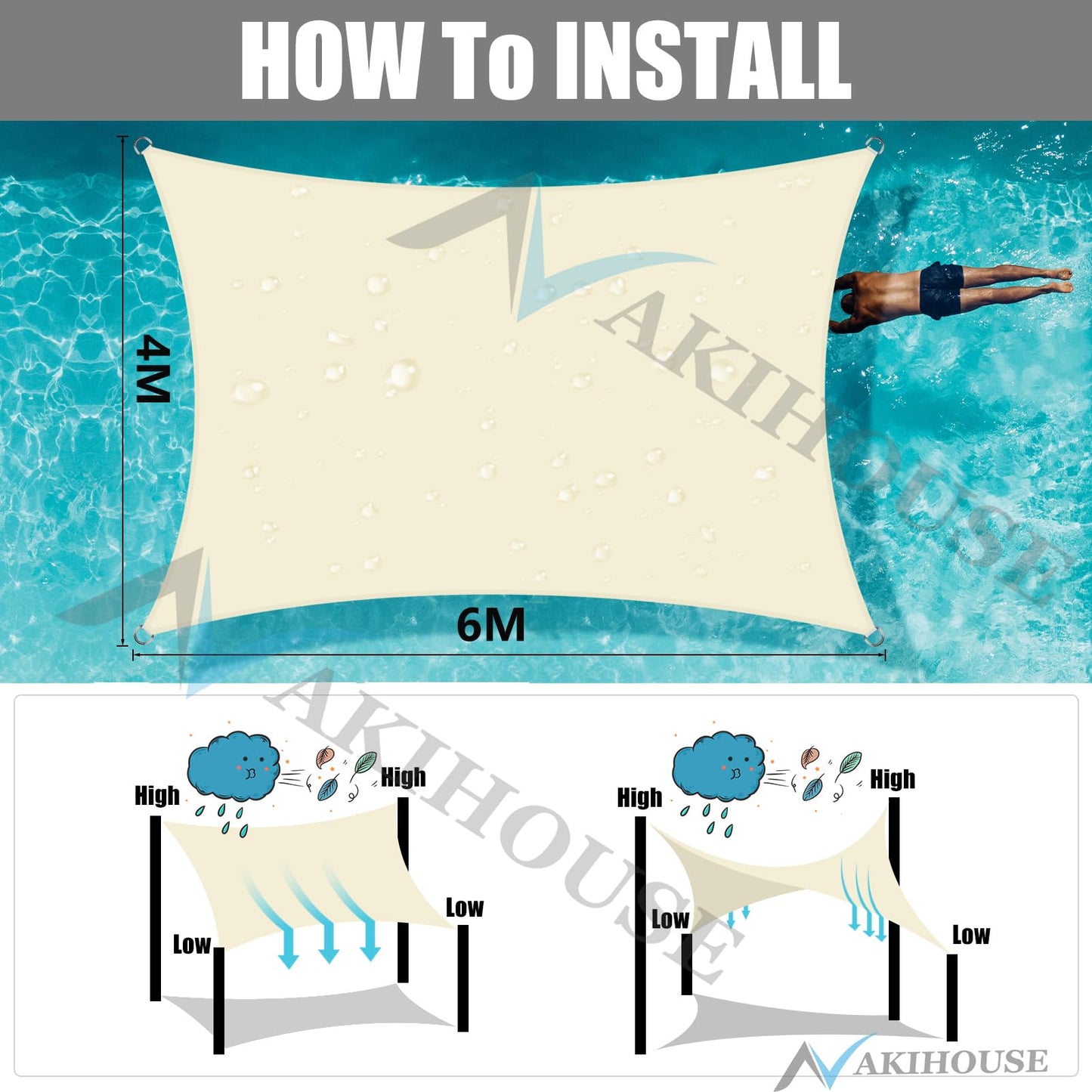 NAKIHOUSE Sun Shade Sail 6m x 4m Rectangle Waterproof Sunscreen Awning Canopy with Fixing Kit 95% UV Block Sun Shades for Outdoors, Garden, Patio, Yard, Party (Cream)