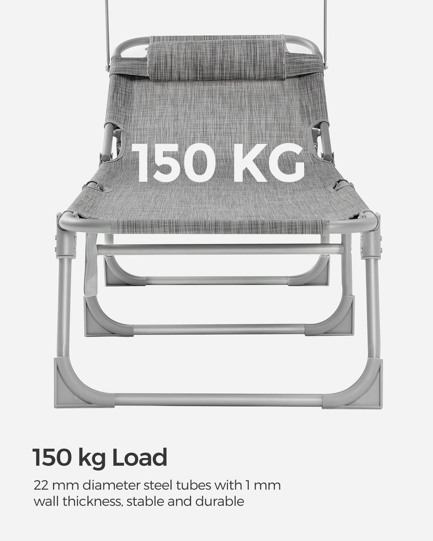 SONGMICS Sun Lounger, Deck Chair Folding, Sunbed, 193 x 53 x 29 cm, Max. Load 150 kg, with Sunshade Headrest Adjustable Backrest, Reclining Sun Chair for Terrace Pool Garden, Greige GCB19T