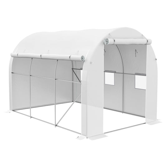 Outsunny 3 x 2 m Polytunnel Greenhouse with Galvanised Steel Frame and PE Cover, Walk-in Greenhouse with Mesh Windows and Zipped Roll-up Door, White