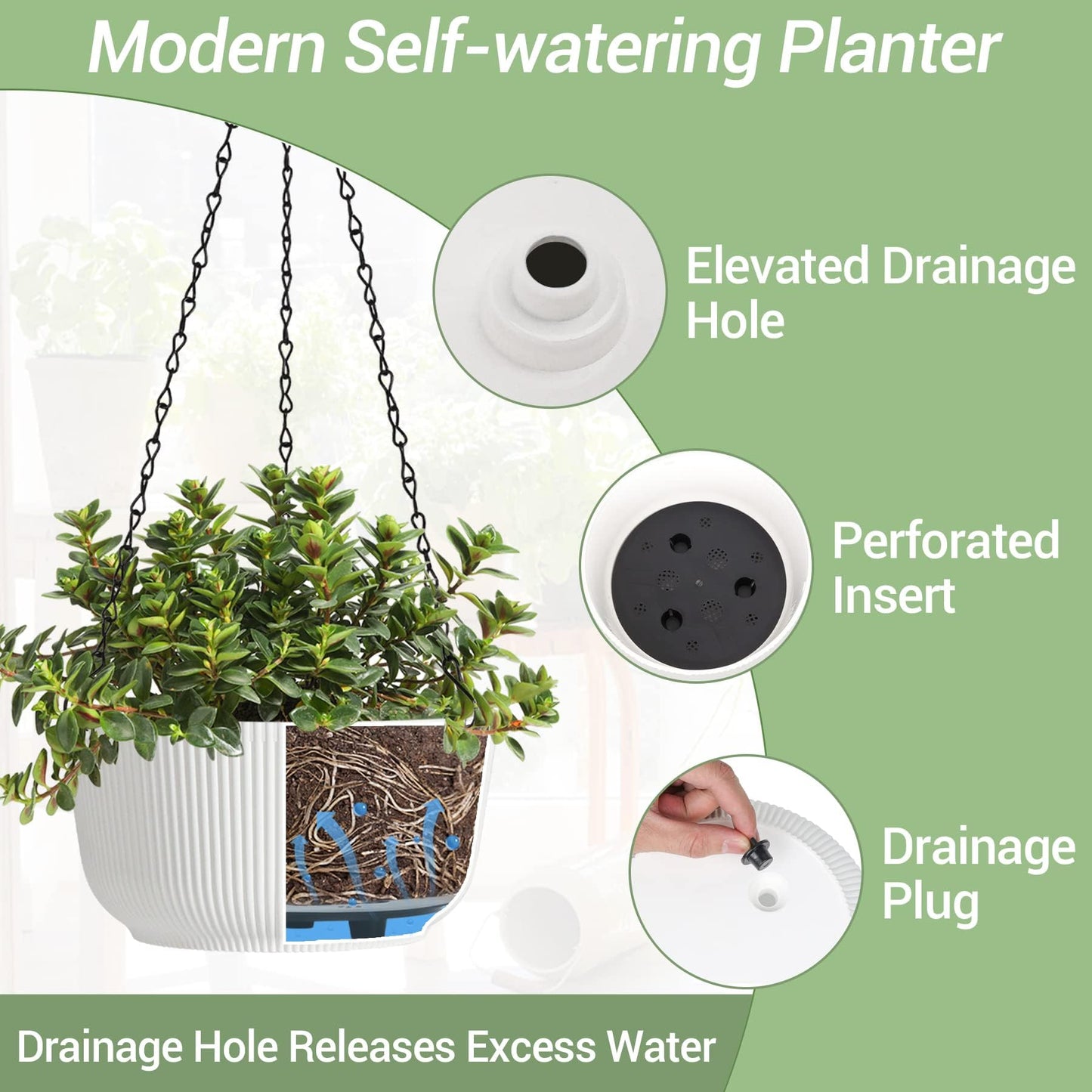 T4U 12 Inch Large Hanging Planters for Outdoor Plants, 2 Pack Self Watering Pots Indoor, Hanging Baskets for Plants,Hanging Flower Pot with Drainage Hole and Plant Hanger, White