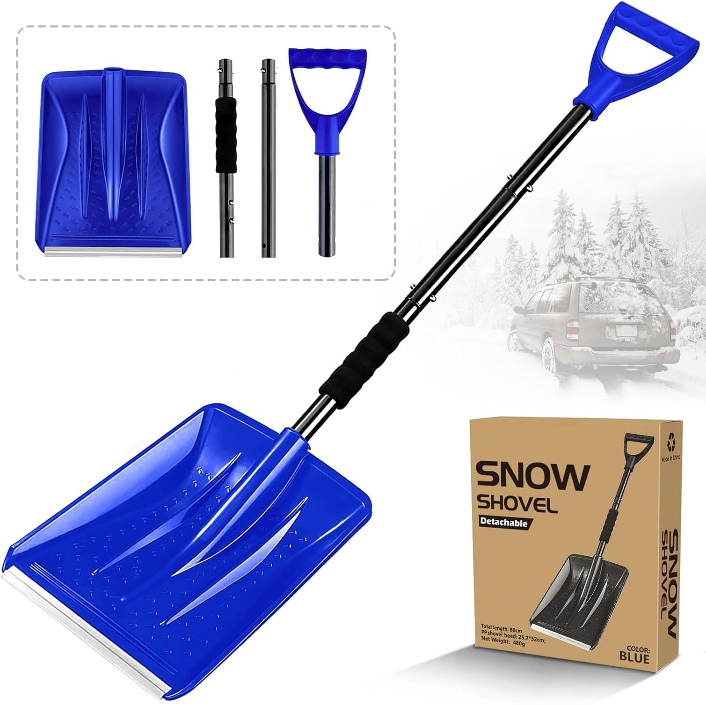 Snow Shovel,2025 New Upgrade Snow Shovels for Snow Removal, Lightweight Portable Adjustable Large Capacity Shovel Perfect for Garden, Camping, Snowman Playing and Emergency(BLUE)
