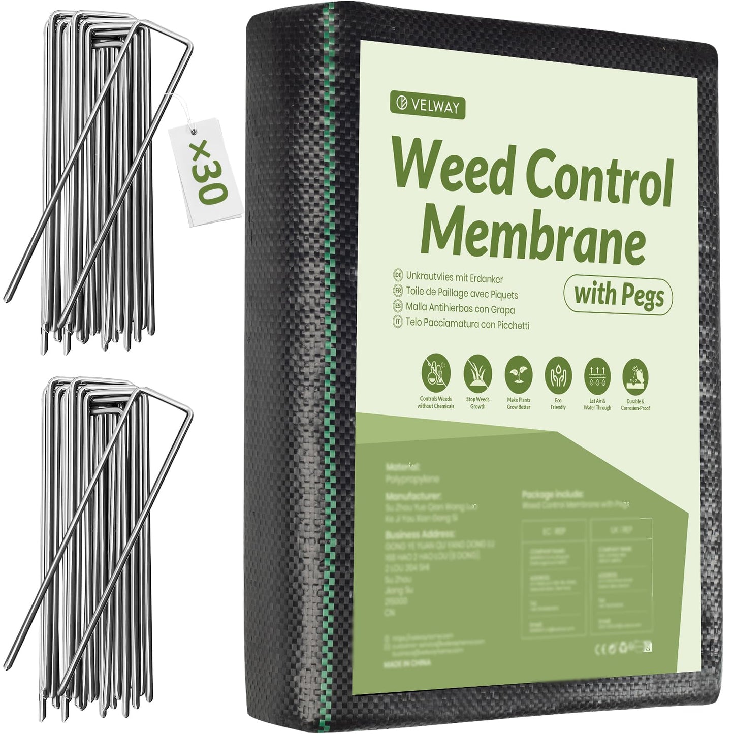 Velway Weed Control Membrane 2x5M - with 30 Garden Pegs Heavy Duty Weed Control Barrier Fabric Landscaping Ground Cover Weed Suppressant Membrane for Artificial Grass Patio Paths Flower Beds