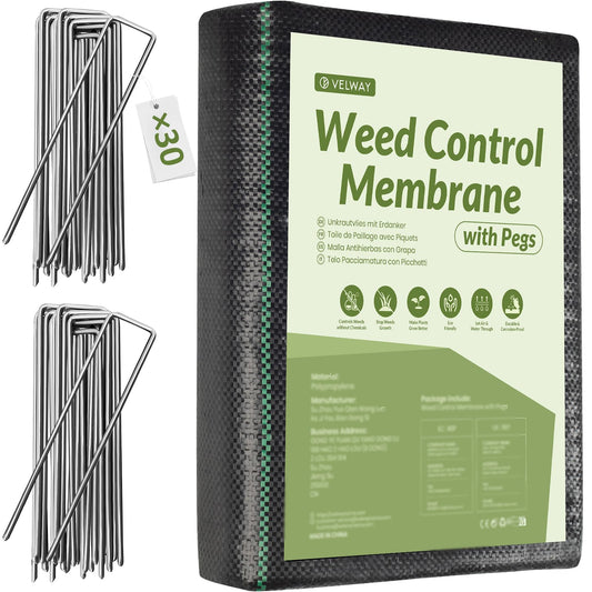 Velway Weed Control Membrane 2x5M - with 30 Garden Pegs Heavy Duty Weed Control Barrier Fabric Landscaping Ground Cover Weed Suppressant Membrane for Artificial Grass Patio Paths Flower Beds