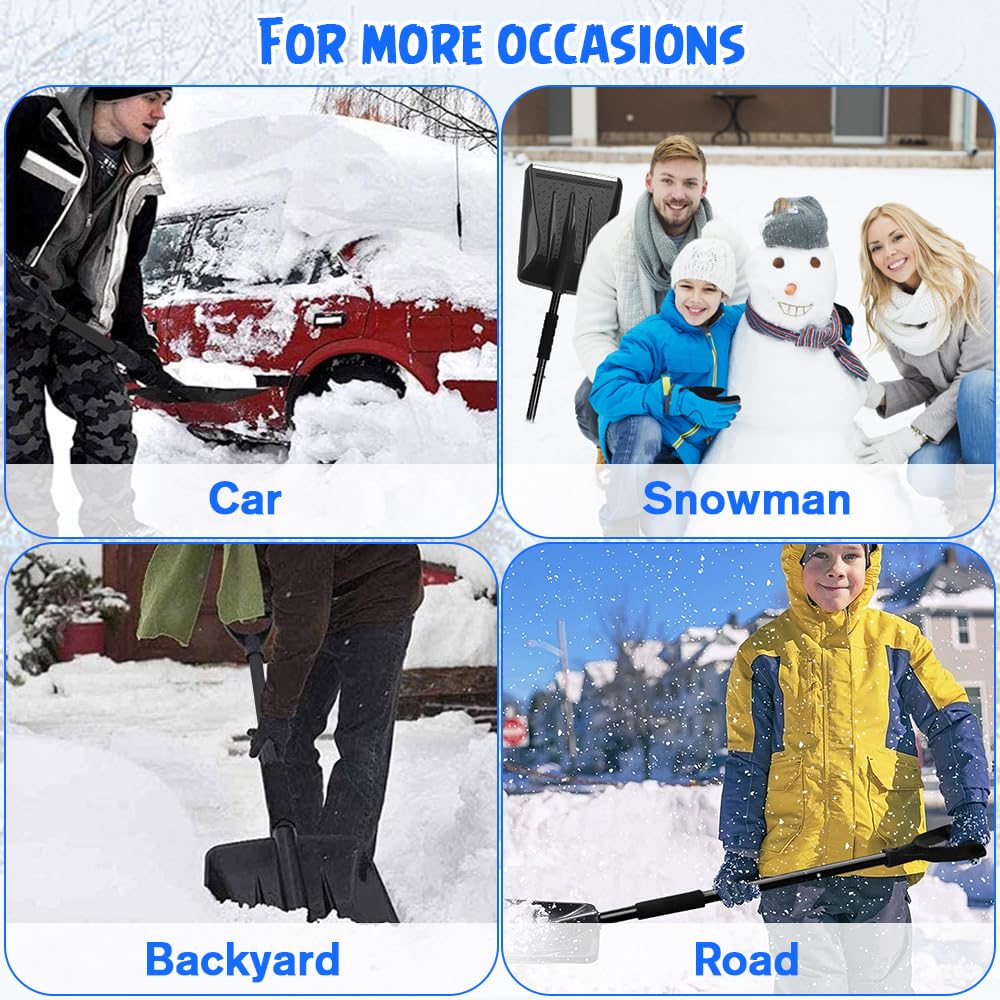 2025 New Snow Shovel, Upgrade Large-Capacity Lightweight Aluminum Portable Snow Shovel, Parent-Child Playing Snow Shovel, Shovel for Garden, Car, Camping with Extra Ice Scrape(Black)