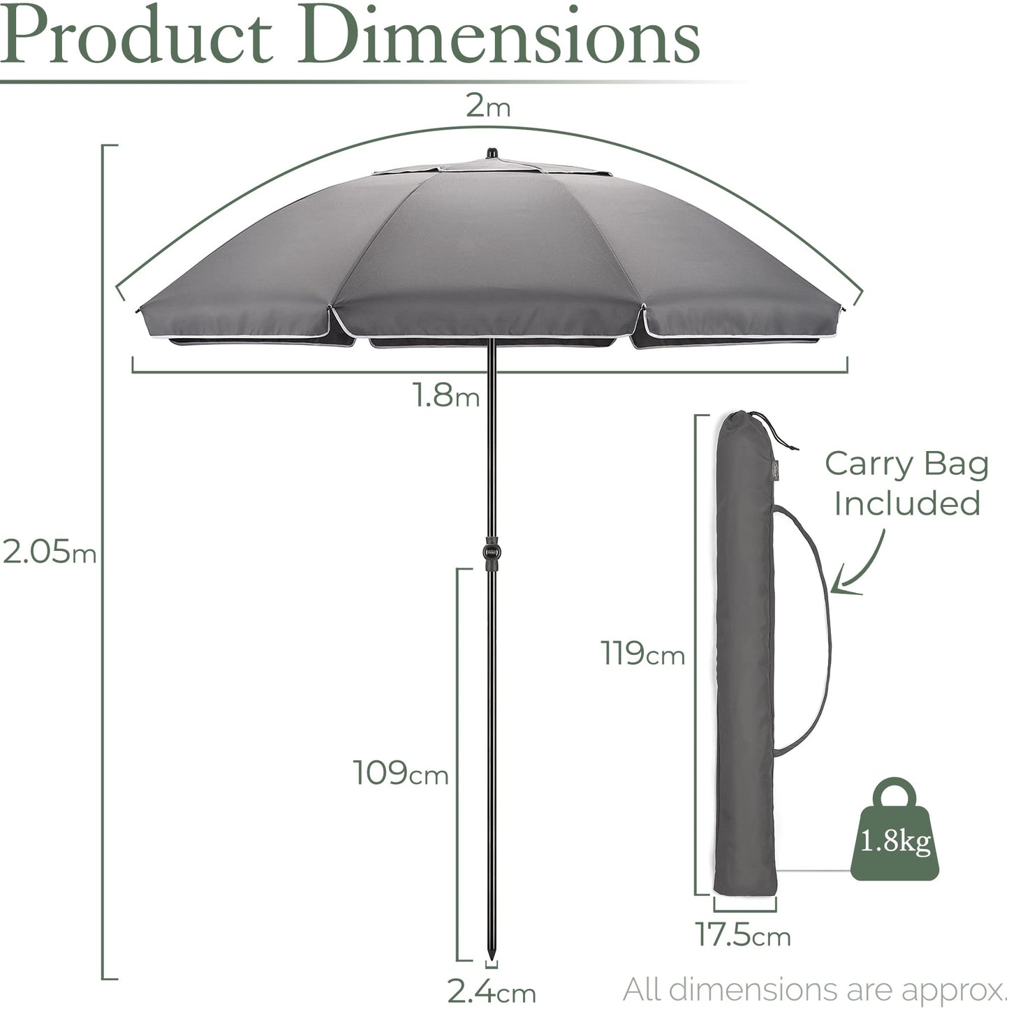 CHRISTOW Portable Beach Parasol Tilting Garden Sunshade Umbrella UV Resistant 2m (Grey)