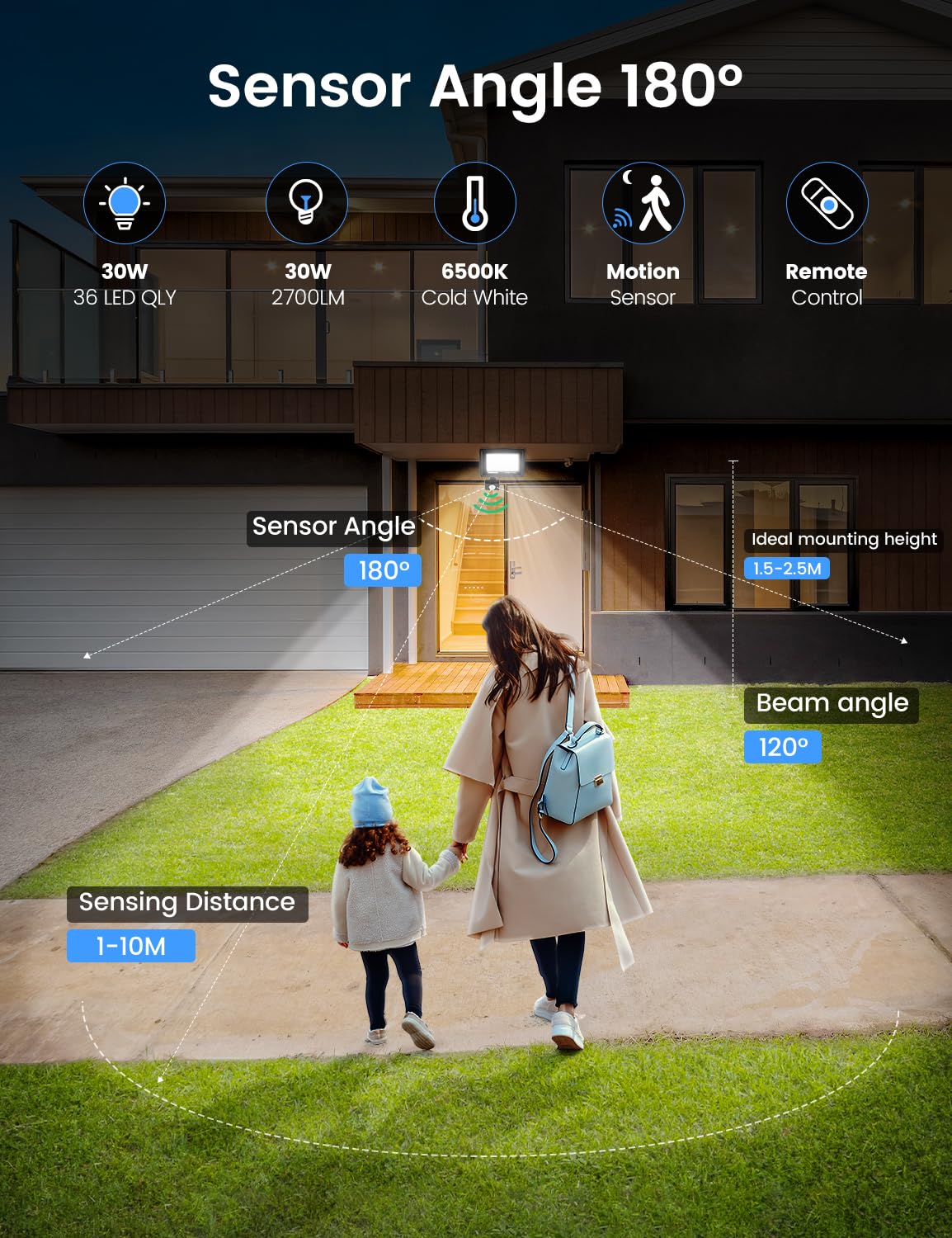 TailcasLED Security Lights Outdoor Motion Sensor 30W, 2700LM 6500K PIR Security Light with IR Remote Control, IP66 Waterproof Outdoor Lights Dimmable Floodlight for Garden Backyard