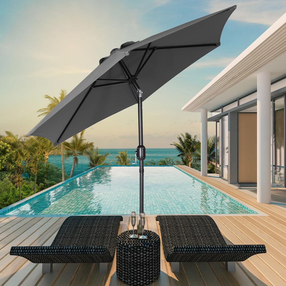 Panana Garden Parasol Sun Shade Outdoor Umbrella 8 Sturdy Ribs with Crank and Tilt Mechanism for Patio, Deck, Patio and Balcony (Dark Grey, 2.7M)