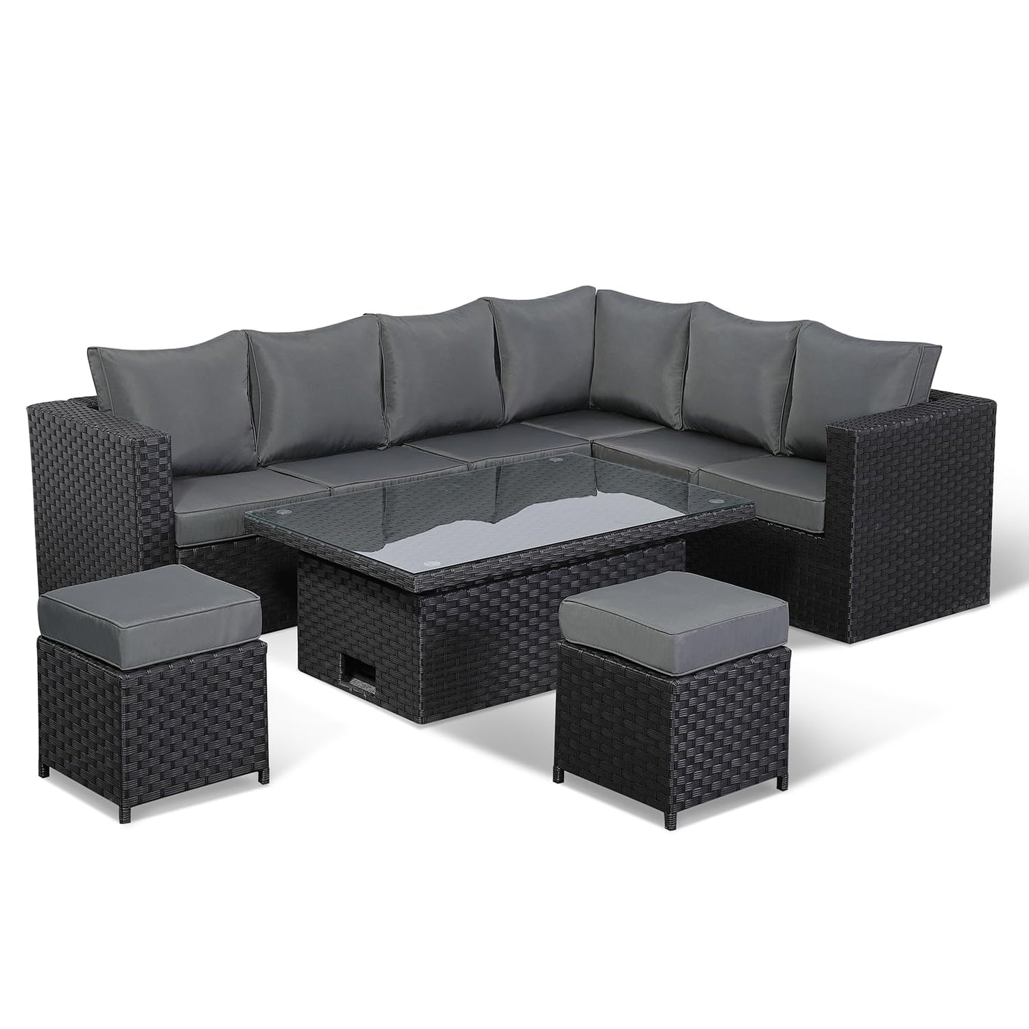 Club Rattan Rattan Corner Sofa Set Rattan Garden Furniture Set Patio Corner Sofa Set with Rising Table and Washable Cushions (black, 8 seats)