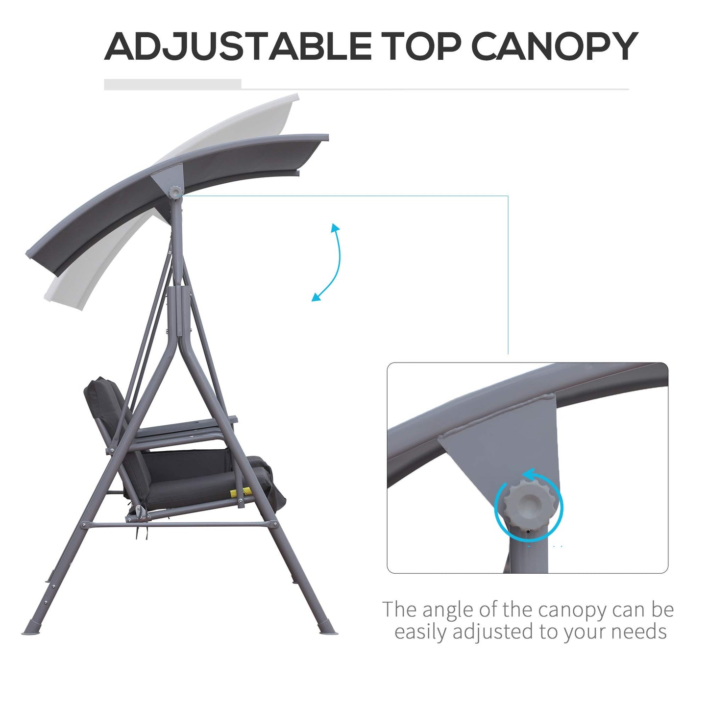 Outsunny 2 Seater Garden Swing Chair Patio Rocking Bench w/Tilting Canopy, Double Padded Seats, Storage Bag and Tray, Grey