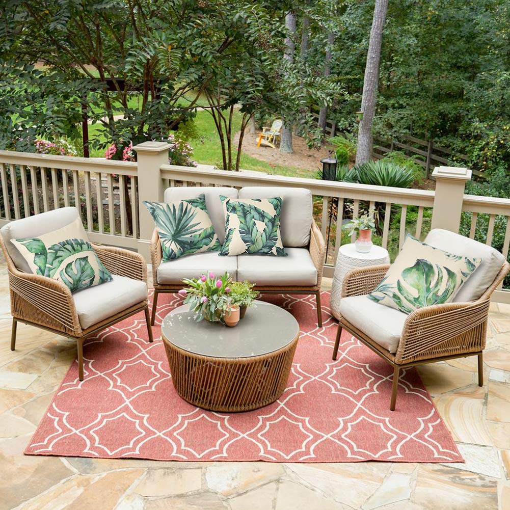 Artscope Set of 4 Decorative Cushion Covers 45x45cm, Tropical Plants Waterproof Throw Pillow Covers, Perfect to Outdoor Patio Garden Bench Living Room Sofa Farmhouse Decor