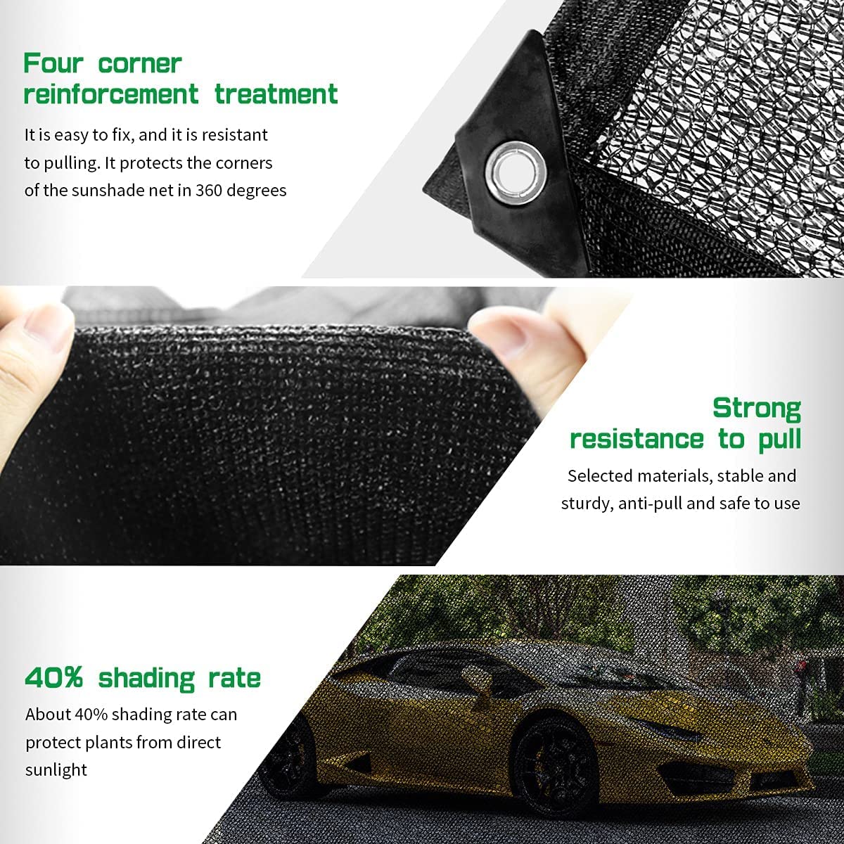 LATERN 40% Shade Cloth with Grommets, 2m x 3m Garden Mesh Shade Tarp HDPE Sun Shade Net UV Resistant Netting for Greenhouse Cover Patio Plant Flower Chicken Coop Carport