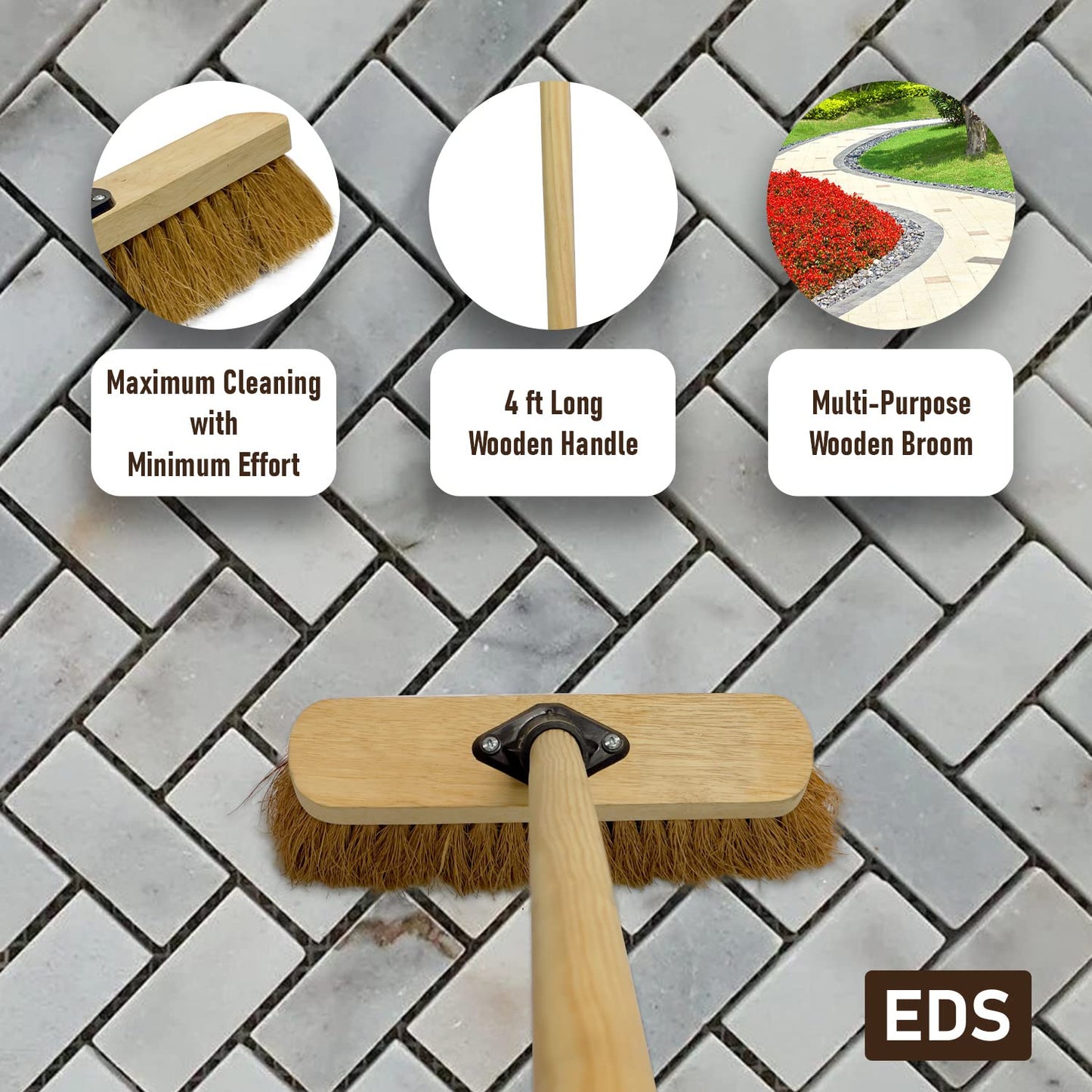 10” Soft Broom Indoor with Wooden Handle Natural Coco Bristles Sweeping Brush with Durable Support Bracket for Cleaning Any Surface Wooden Floor Decking and Paving Slabs (Pack of 1)