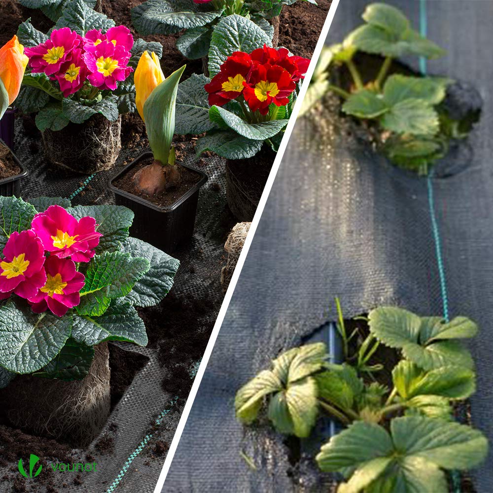 VOUNOT Weed Control Membrane 2m x 25m, with 50 Securing Pegs, Heavy Duty Weed Control Barrier Fabric, Landscape Ground Cover Suppressant Membrane for Garden, UV Stabilised