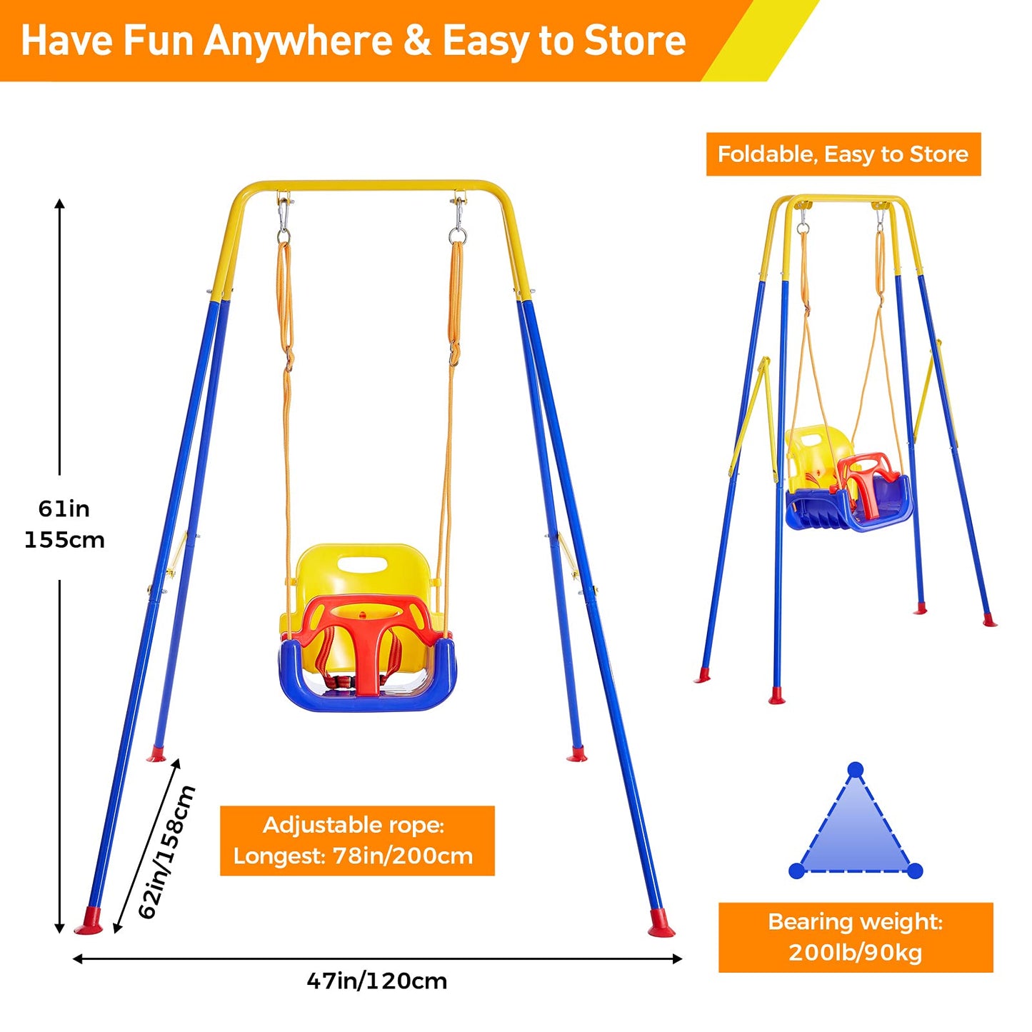 FUNLIO 3-in-1 Swing Set for Toddler with 4 Sandbags, Heavy-Duty Kid Swing Set with Safety Harness, for Garden, Indoor/Outdoor Play, Folding Metal Stand & Clear Instruction, Easy to Assemble & Store