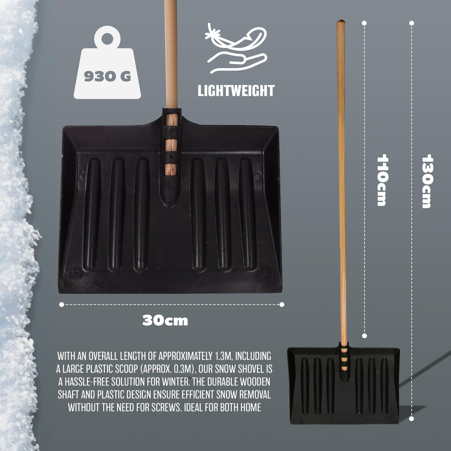 1.3m Snow Shovel - Pusher, Scooper, Mucking Out Emergencies | Ideal for Clearing Garden, Car, Truck, Driveway Etc | Strong & Durable Plastic Spade and Wooden Handle – Heavy Duty 130cm