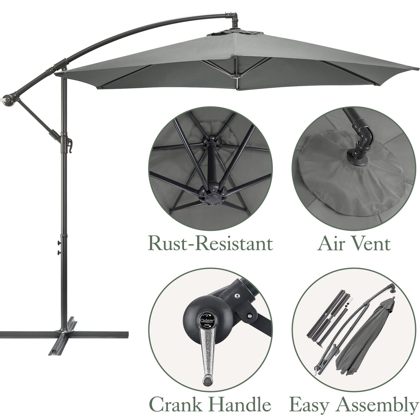 Christow Large Banana Parasol 3m Over Hanging Cantilever Umbrella UV Protective With Crank Handle (Grey Polyester Canopy)