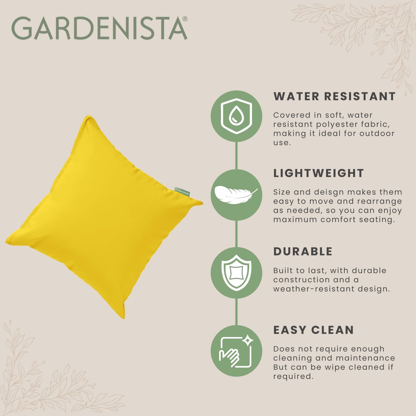 Gardenista 18" Garden Scatter Cushion | Outdoor Water Resistant Garden Furniture Pillow | Soft and Comfy Patio Furniture Cushions | Throw Pillows for Sofa, Couch, Balcony - 2 Pack (Yellow)