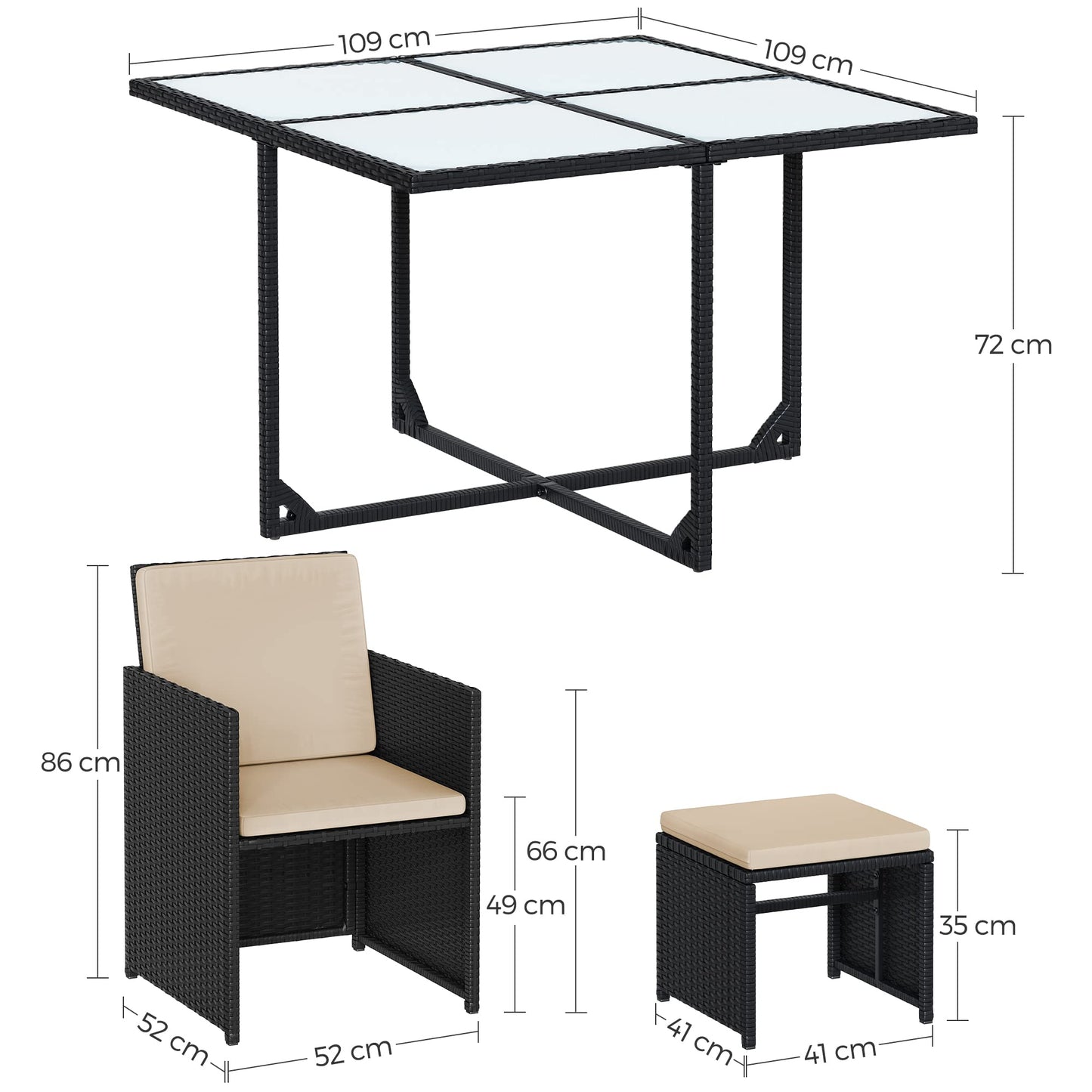 SONGMICS Garden Furniture Set Dining Table and Chairs, Set of 9 PE Rattan Outdoor Patio Furniture, Dining Furniture, Glass Top Coffee Table, with Cushions, Space-Saving, Black and Beige GGF091B02