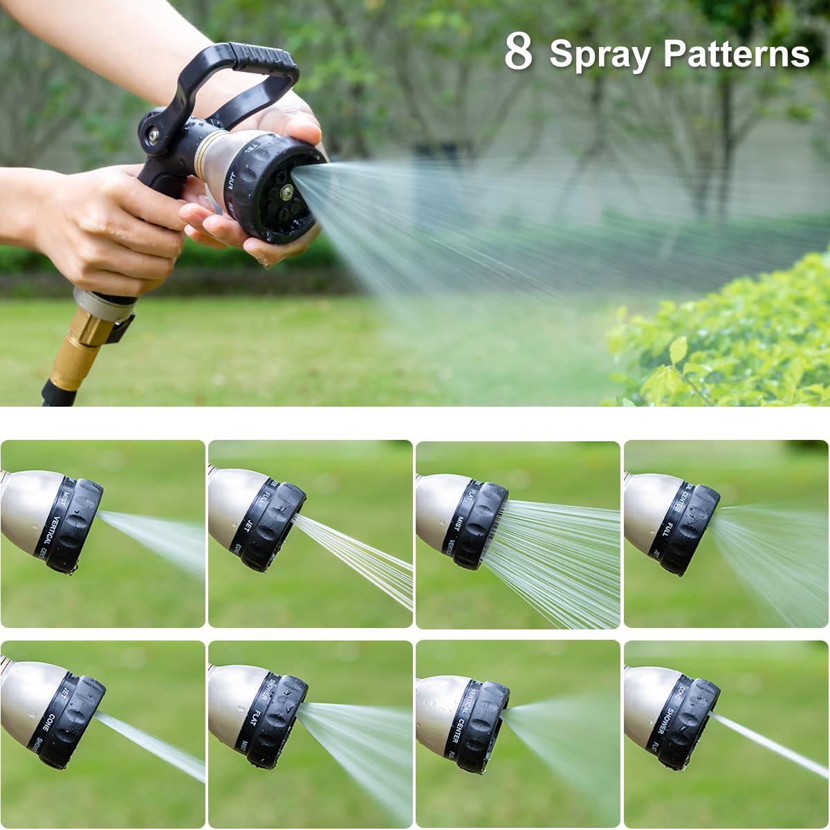 FANHAO Heavy Duty Fireman's Hose Gun, Metal Garden Hose Spray Gun with 8 Spray Patterns，High Pressure Hose Nozzle with Lever Control and Non-Slip Grip to Water Lawns & Plants, Wash Cars & Clean